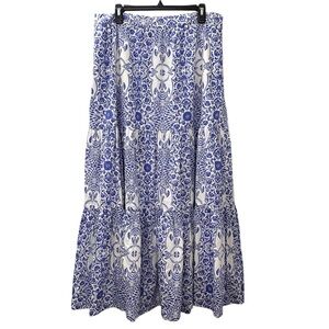 Boden Skirt Tiered Maxi Blue White Pattern 100% Cotton Women’s US Size 14R
